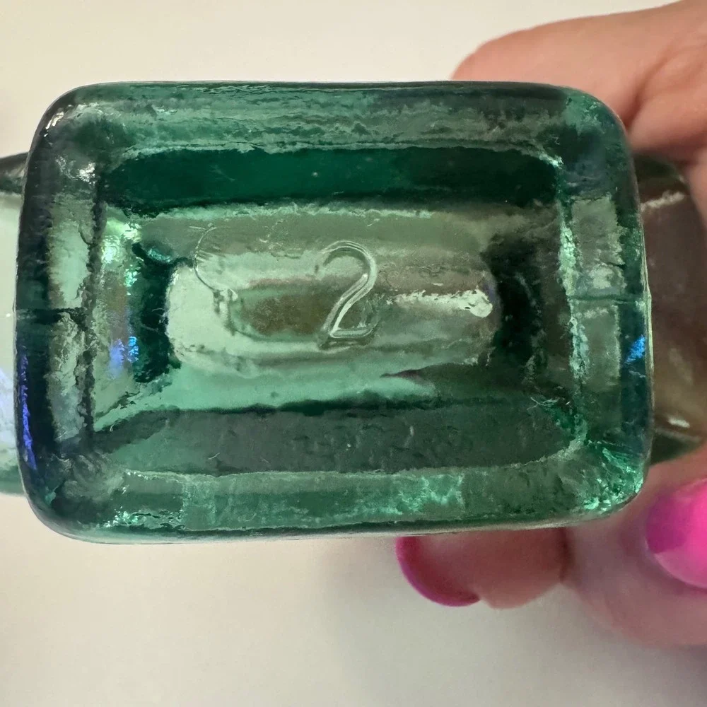 Vintage Aqua Green Glass Oval Decorative Bottle with Cork Stopper 4.5 Inch